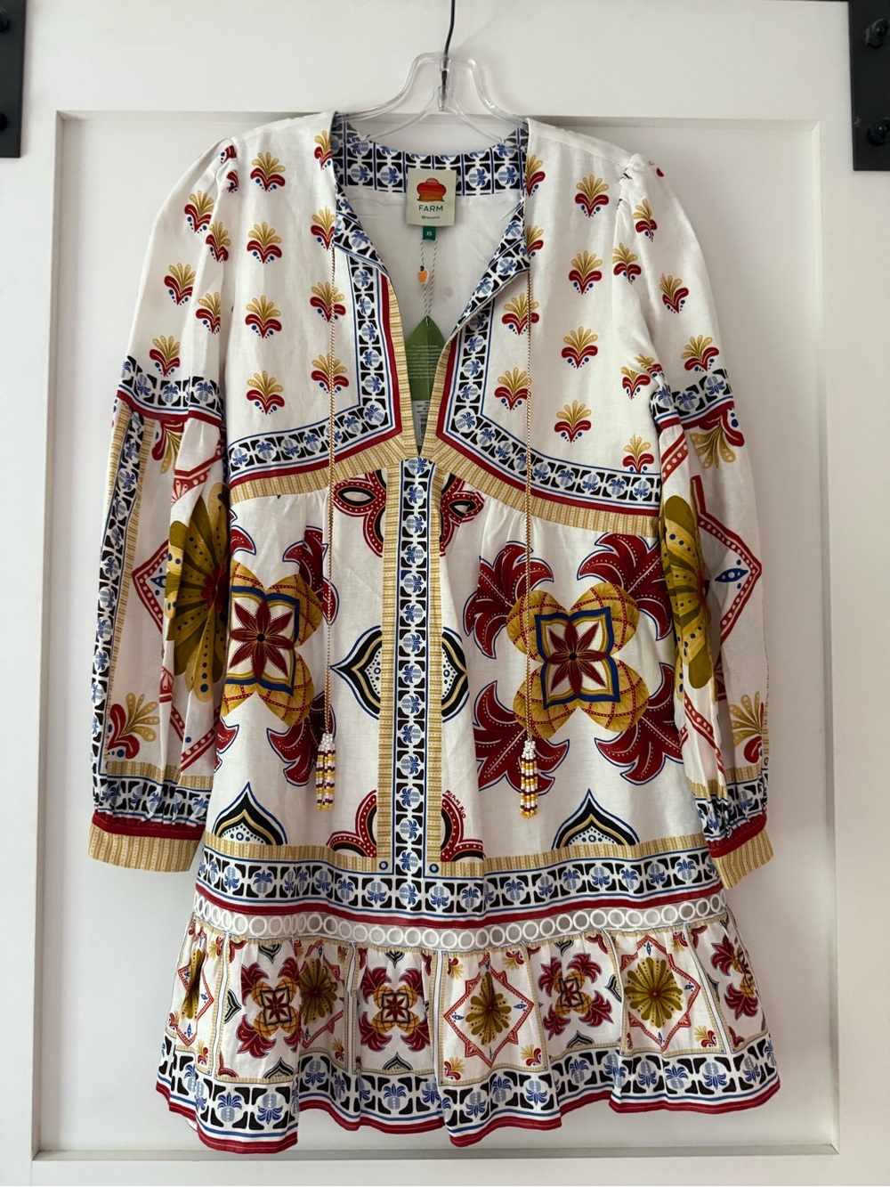 Farm Rio White Multicolor Printed Peasant Dress NWT